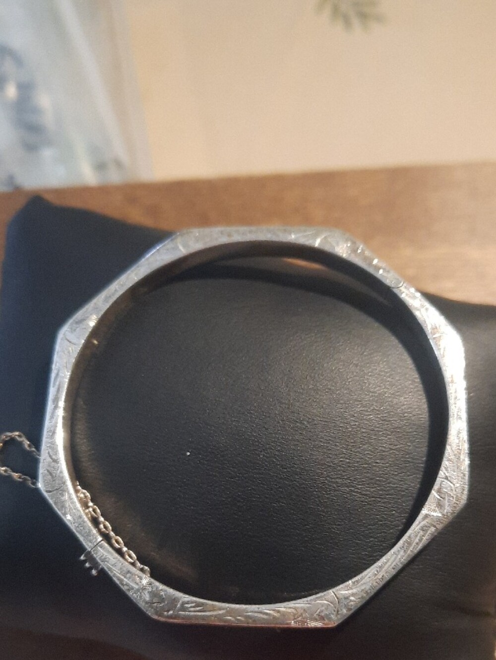 Sterling Silver Hexagonal Bangle Bracelet with Safety Chain - Silver - Picture 3 of 3